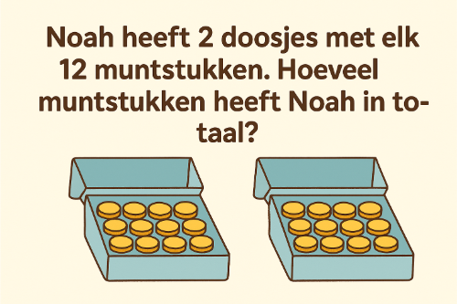 Noah heeft 2 doosjes met elk 12 muntstukken. Hoeveel muntstukken heeft Noah in totaal?